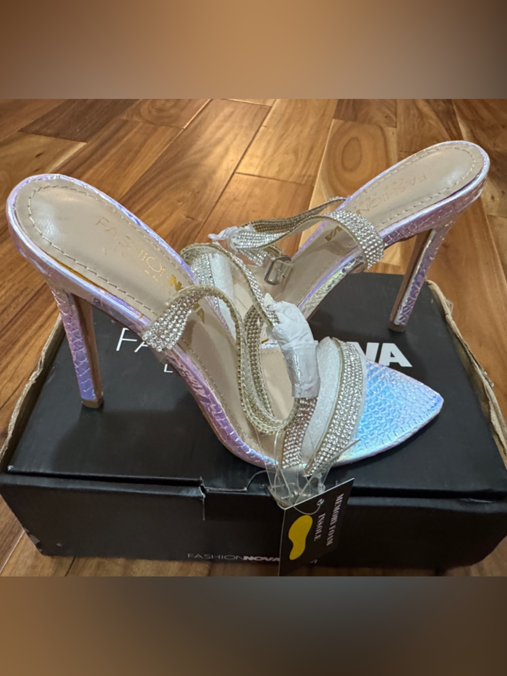 Fashion Nova Iridescent Lavender-Pearl Crystal Strap Stiletto Sandals